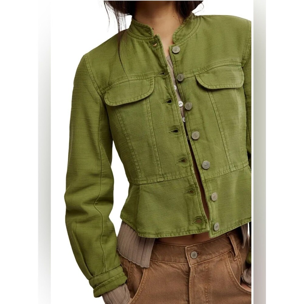 Small free people Jocelyn cotton jacket peplum collarless Olive green button up